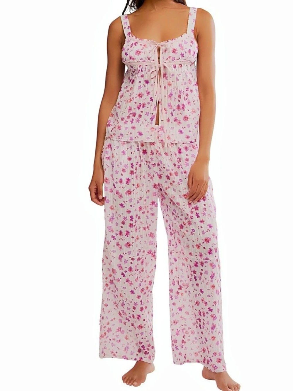 Free People Intimately Talk Tonight Pajama Set Pink & White Floral Small NWT